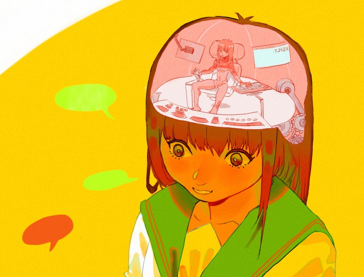 Image of an anime girl with a woman sitting in a control room in her head